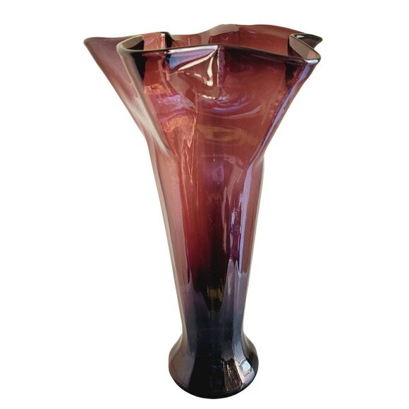 Vintage Mid Century Modern Tall Amethyst Glass Vase 14" Fluted Ruffled Top - Picture 2 of 8